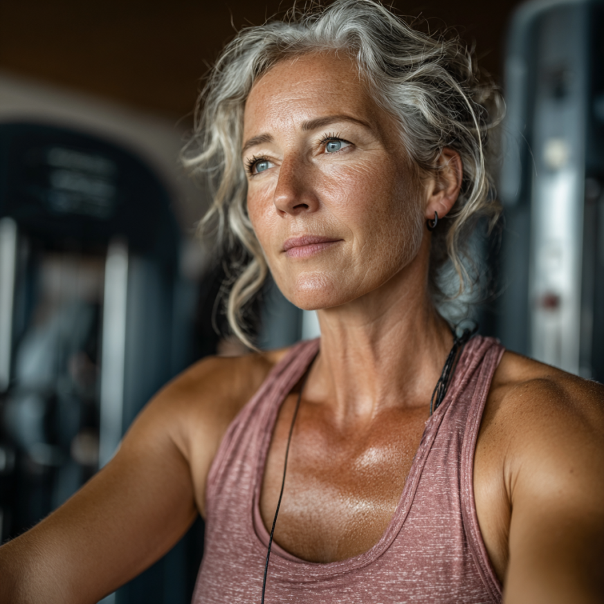 Літня жінка займається йогою